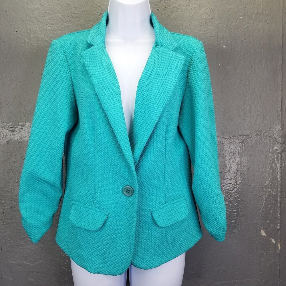 Alex & Olivia Blazer Womens M Teal Ruched Sleeves Waffle Knit Preppy Office Twee